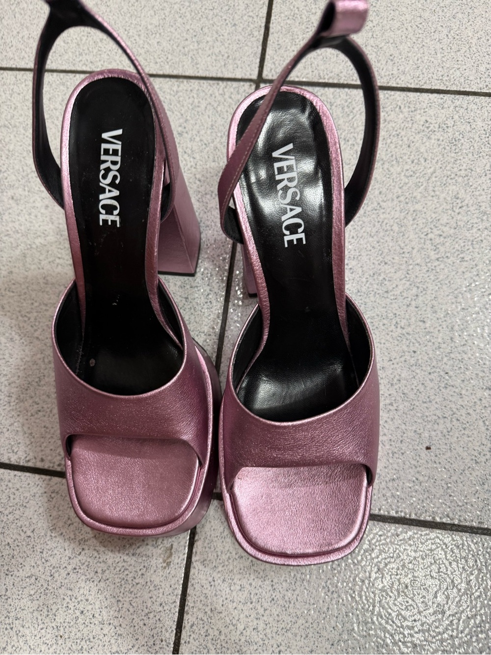 Versace Metallic Rose-Pink Slingback Platform Heels